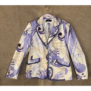 Rena Lang Blazer Jacket Womens Sz 12 Purple Abstract Lightweight Stretch Classic